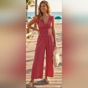 Max Studio Boho Ruffle Smocked Wide Leg Jumpsuit Red White Geometric Summer